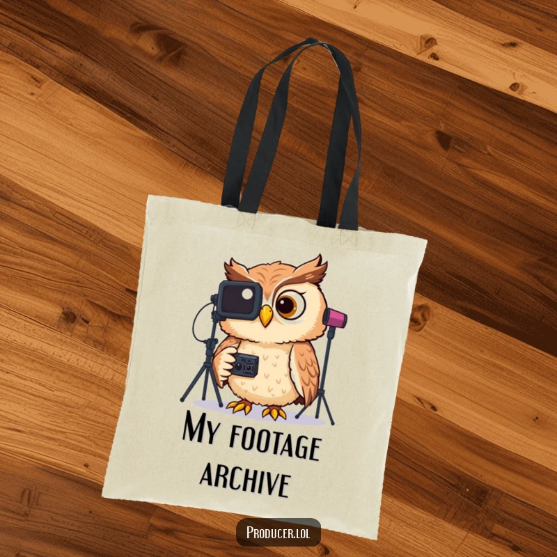 Funny tote bag illustration of a delighted owl giggling while intently watching and reviewing video footage on a studio monitor.