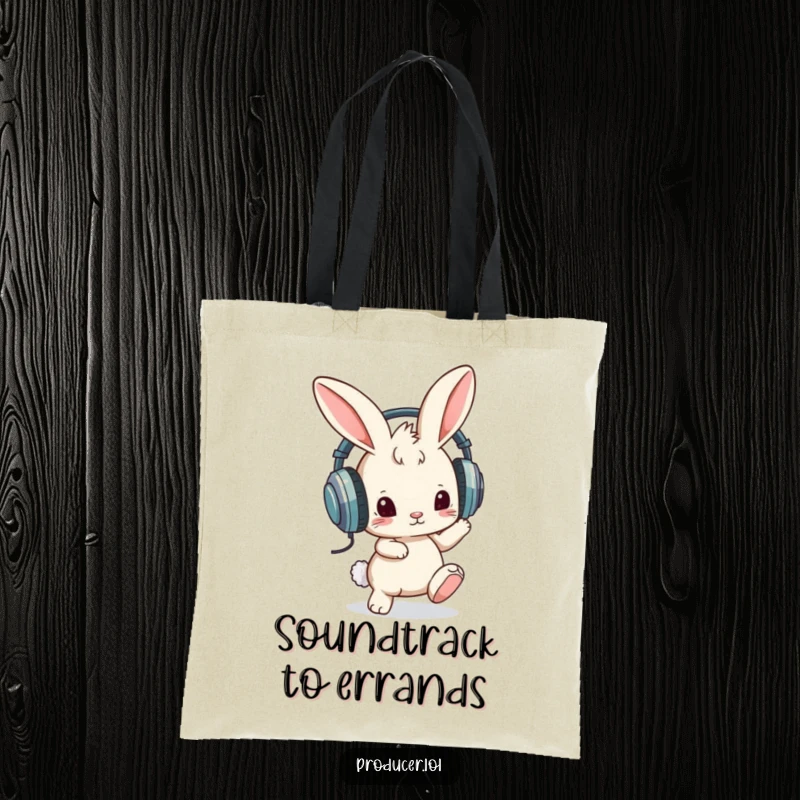 Funny tote bag with a curious bunny wearing oversized headphones and tapping its foot, ideal for carrying items with a humorous, musical flair.
